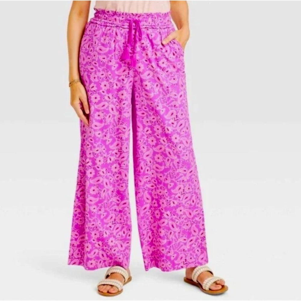 Knox Rose Women's Large‎ Boho Paisley Wide Leg Pants Drawstring Flowy Festival